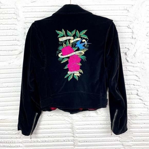 Peter Golding Vintage Black Velvet Moto Jacket W/ Floral Embroidery Size Small
